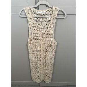 Vintage Nuggets Crochet Knit Vest Cream Ivory Boho Sleeveless Cardigan Medium